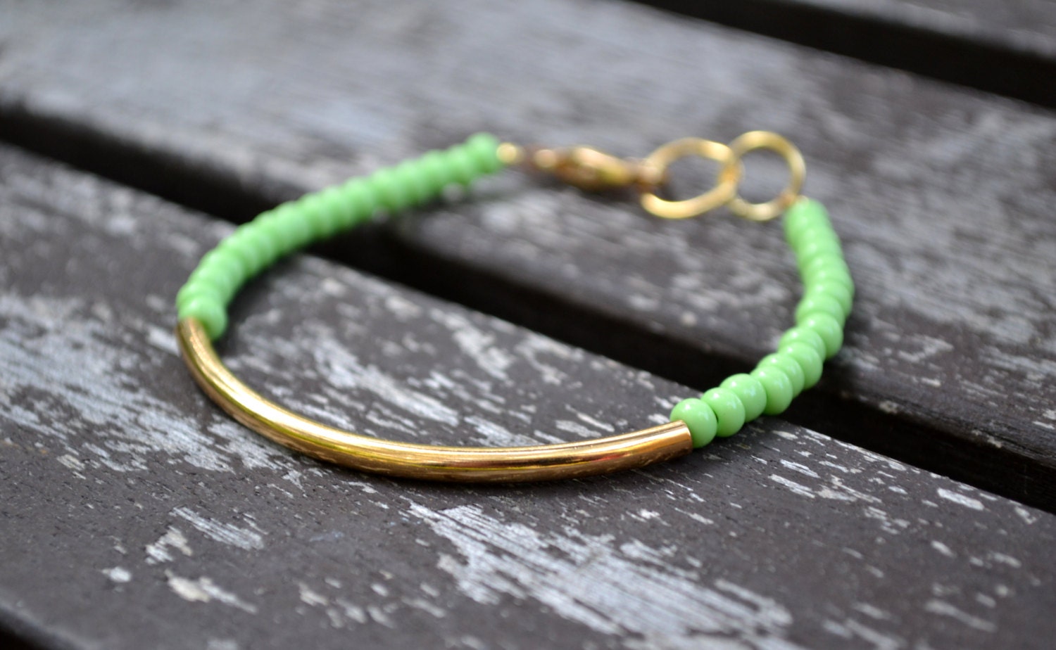 Light Green Czech Seed Bead Gold Tube Bracelet - Stacking Arm Party Lobster Clasp Bracelet
