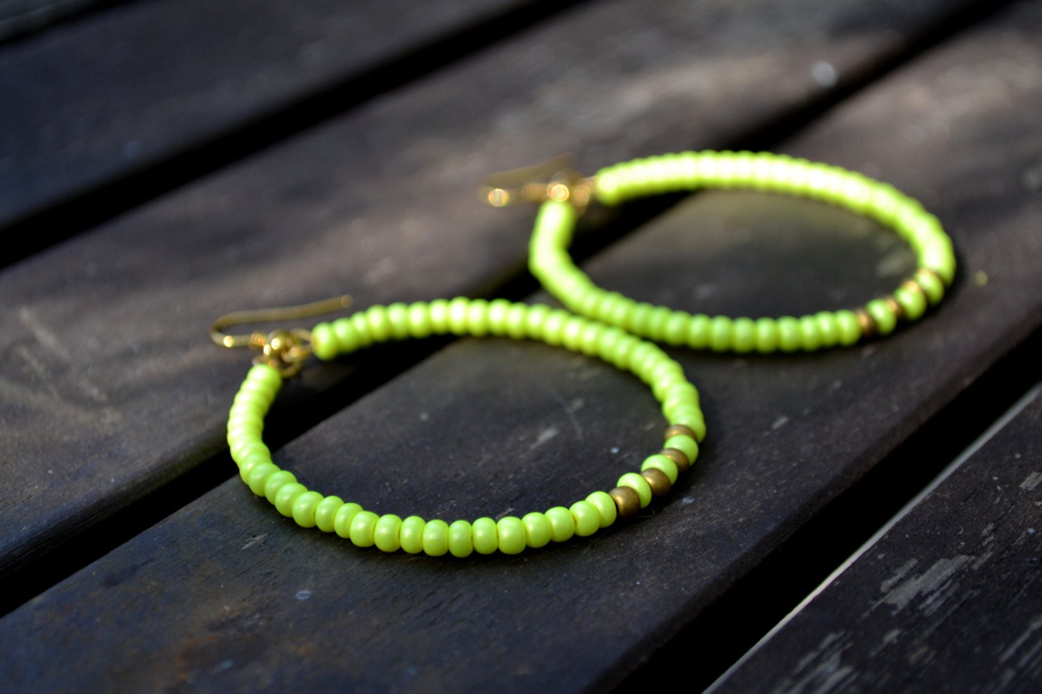 Neon Yellow Luster and Matte Gold Czech Seed Bead Dangle Statement Earrings