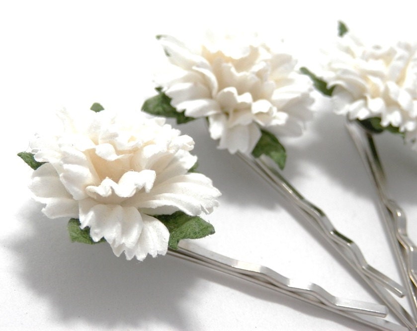 White Carnation Pins Set of Four Flower Bobby Grips Wedding Hair Accessory