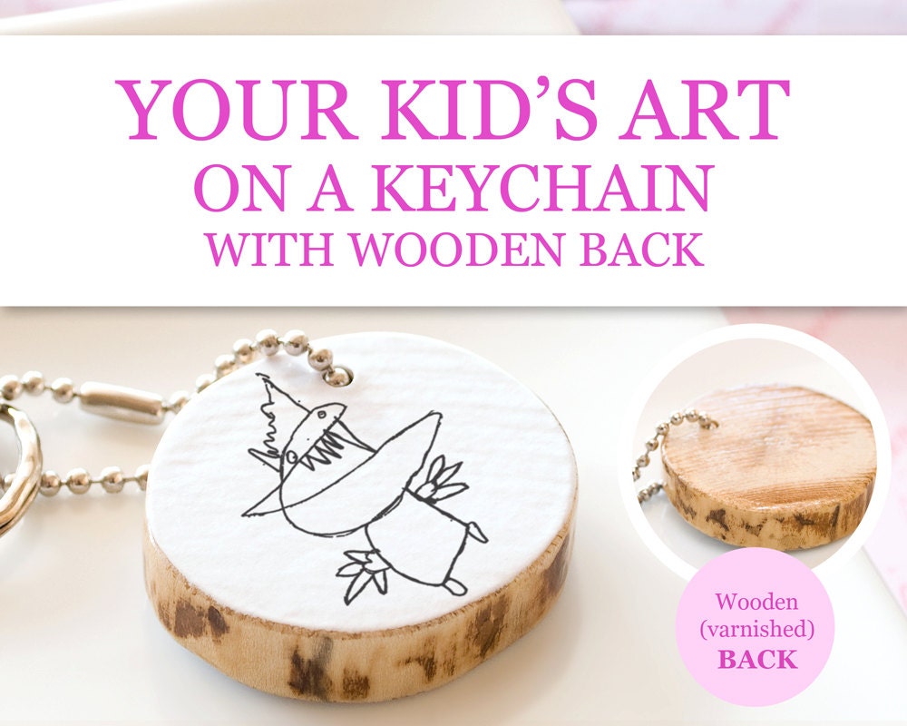 Your Children Art Keychain Mothers Day Gift Custom Kid Artwork Drawing Eco Friendly Wooden Handmade Keepsake Gift for Grandparents Mom Dad