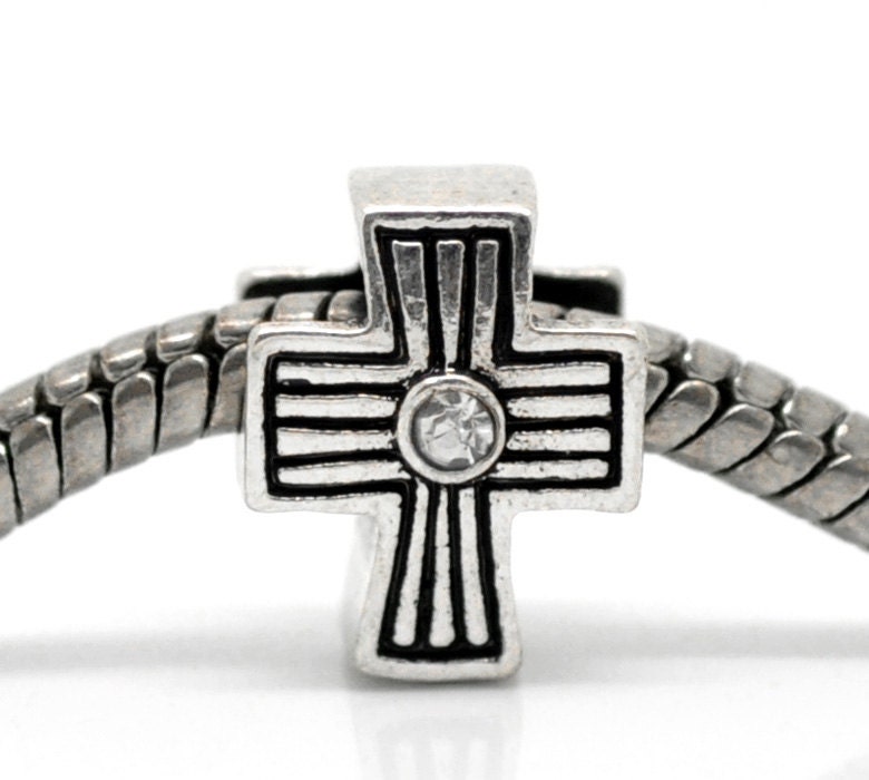 2 Rhinestone Church Cross Bead Charm European Fit For Bracelet