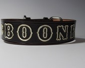 20" x 1 1/2" wide Dark Brown with White Letters- Leather Dog Collar Personalized ID & Pet Name