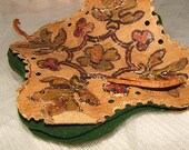 Antique Needle Holder Painted Leather Cover & green felt / sewing basket novelty