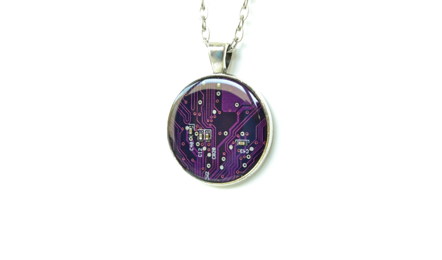 purple necklace, gothic, circuit board necklace, steampunk, geometric jewelry, geeky, circle, goth