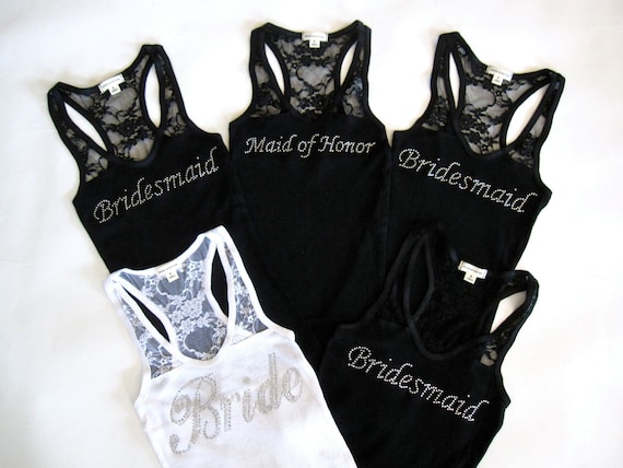 5 Bridesmaid Tank Top Shirt. Half Lace. Bride, Maid of Honor, Matron of Honor. Black, White, Yellow, Purple, Coral, Pink, Tiffany Blue