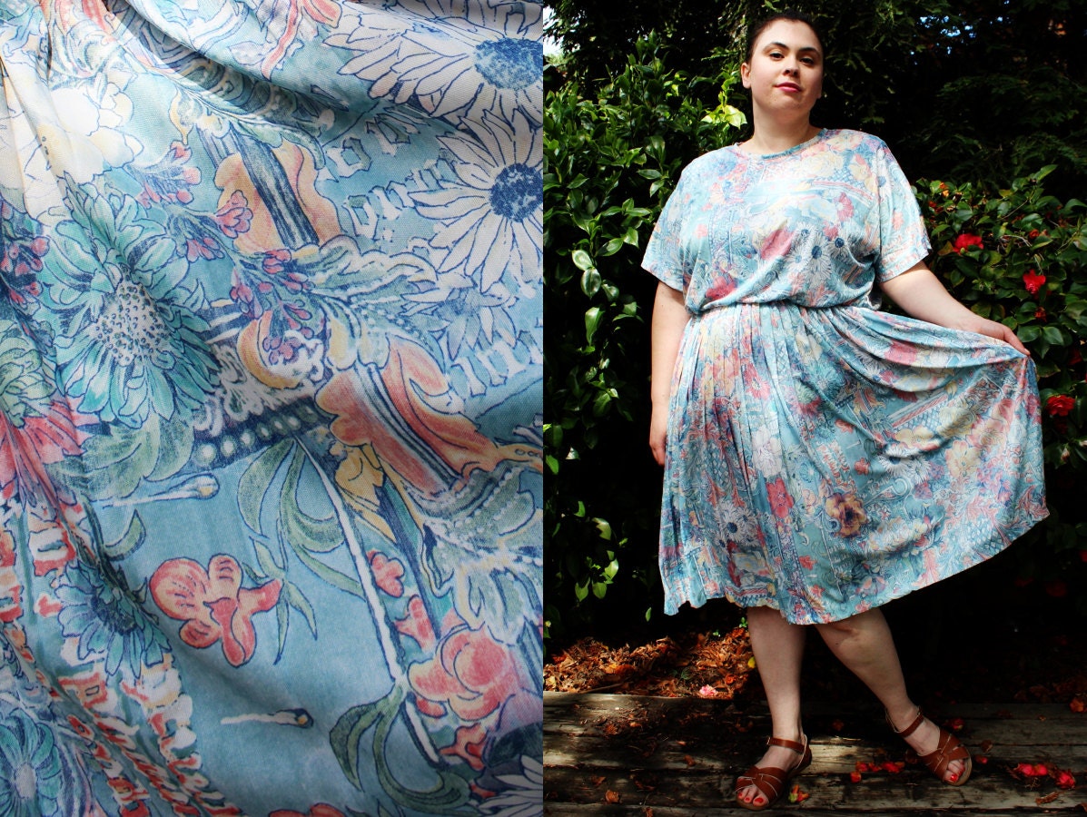 Plus Size - Vintage Pastel Print Pleated Midi Skirt Dress (Size 26)
