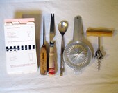 Cocktail Book and Utensil Set: 6 Pieces Barware, Foley Juicer,  ice pick, corkscrew, bar knife, recipe book,