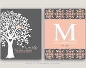 Personalized Family Prints, Family Tree Birds Monogram/Name Home Decor. Set of (2) 8" x 10"  Coral Gray You Choose Your Colors Gift Guide