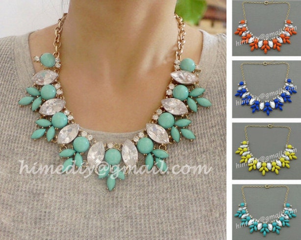 High Quality Handmade Rhinestone Crystal Necklace, Blue Turquoise Bubble Bib Statement Necklace, Cluster Chunky Necklace