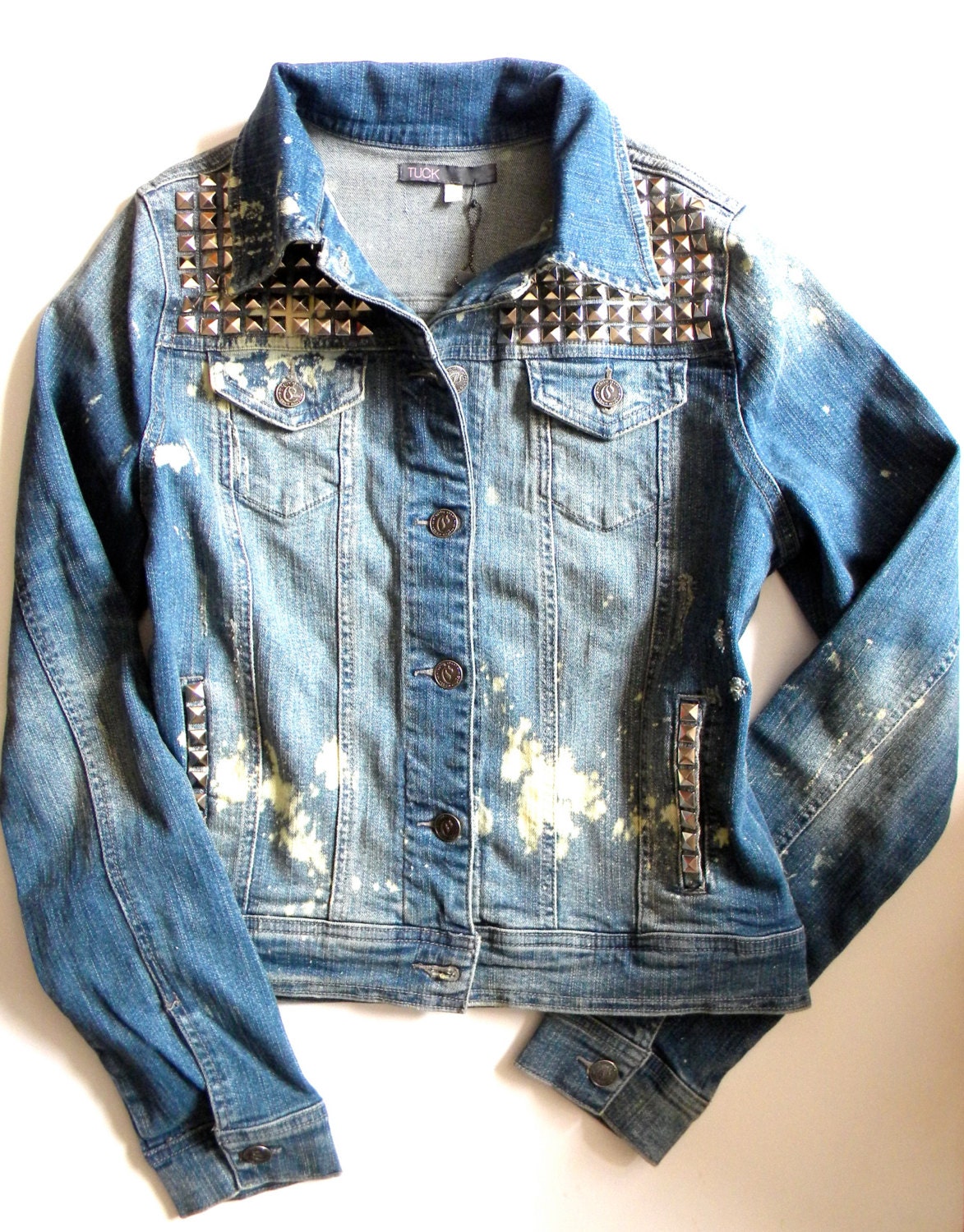 TUCK Tiger Back Denim Jacket with Silver Studs & Bleach Splatters - Size S/M