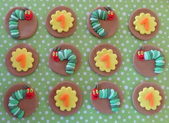 12 Fondant edible cupcake/cookie toppers - "Hungry Caterpillars" Inspired Theme 2.