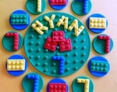 Party Package/Building blocks Inspired toppers - 6" Fondant cake topper and 12 edible cupcake/cookie toppers