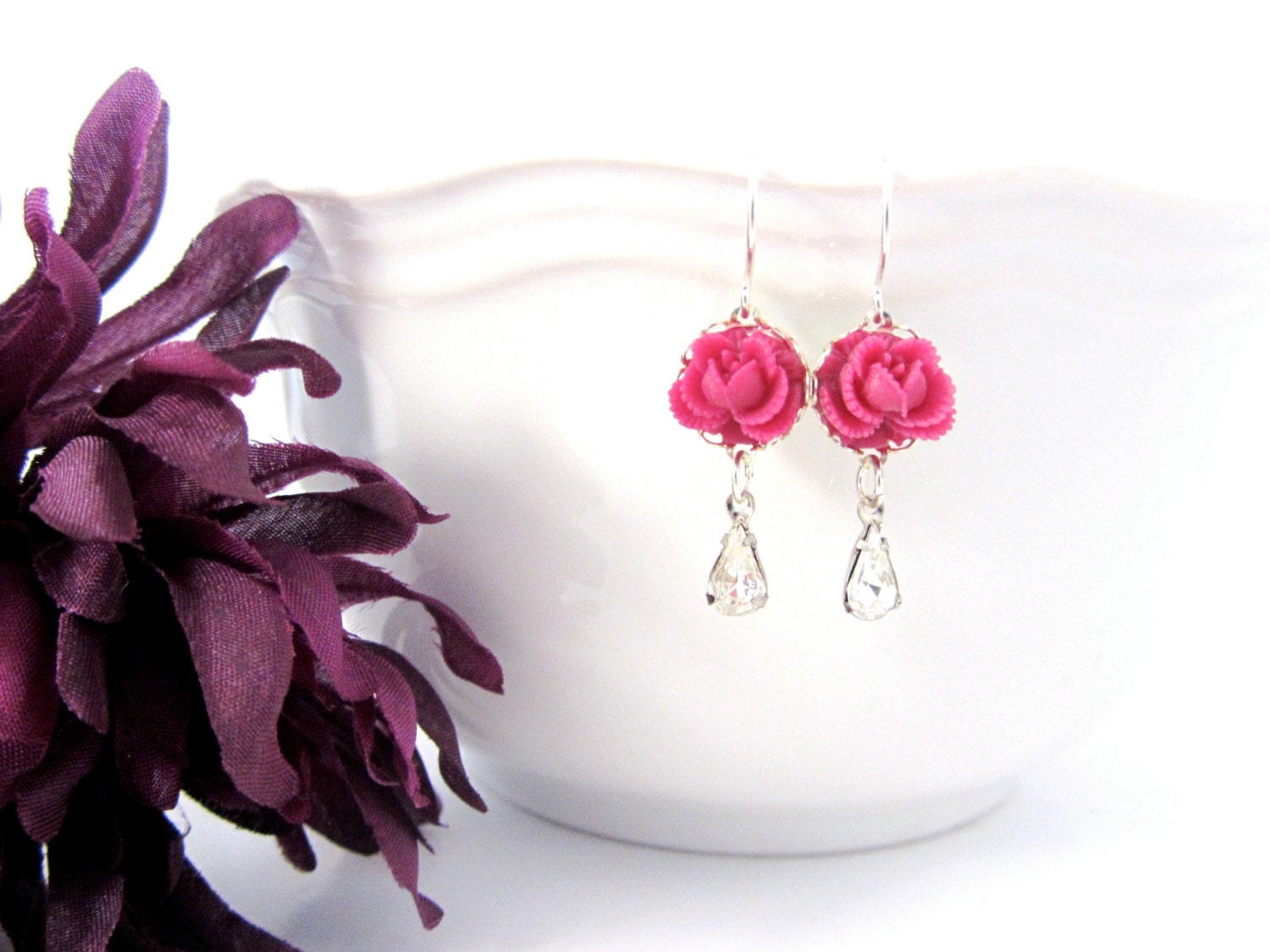 Bridesmaid Earrings, Rose Earrings, Vintage Crystal Teardrop, Dangle Earrings, Flower Earrings, Flower Jewelry