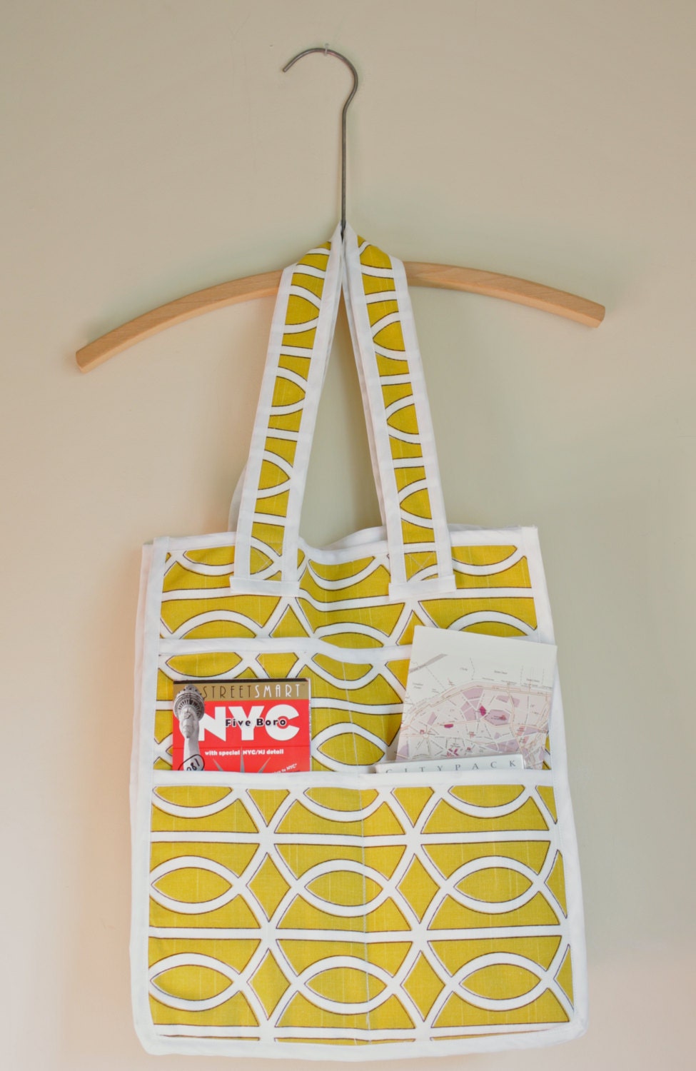 Yellow and White Graphic Print Multi-Pocket Travel Tote