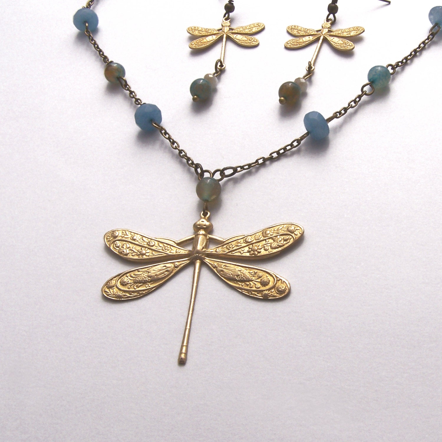 Dragonfly necklace Aquamarine and blue agate necklace Brass Art Nouveau necklace