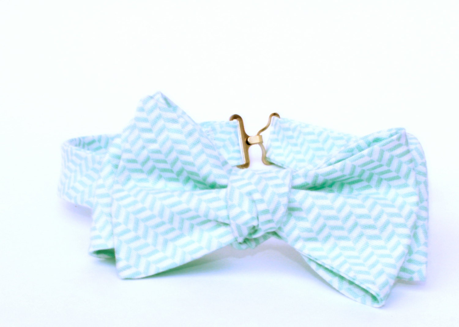 Bow Tie - Mint Green Tiny Herringbone - Men's Self Tie - Freestyle Tie