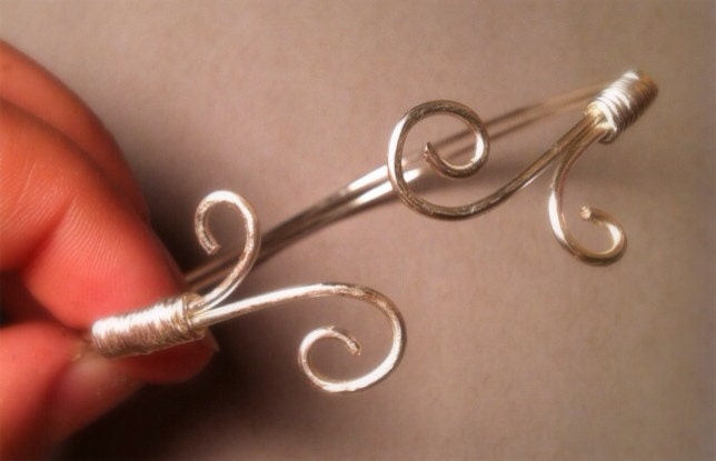 Silver Plated Wire Wrapped Bangle with Swirled Ends