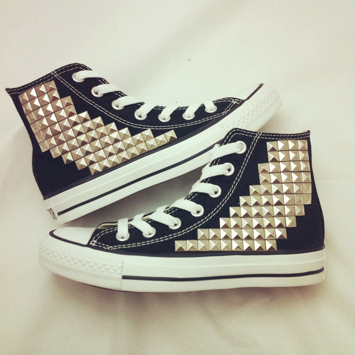 Studded Converse black high top with silver pyramid by CUSTOMDUO on ETSY
