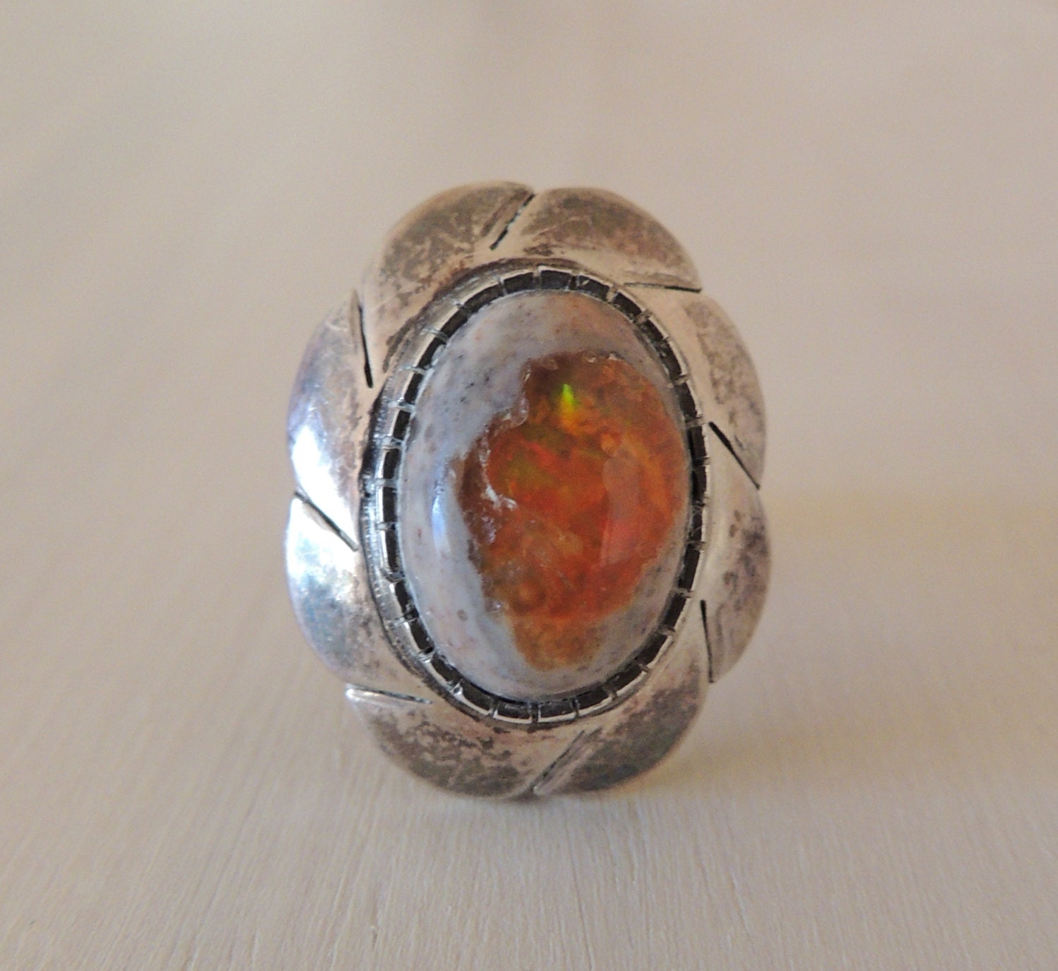 Mexican Fire Opal Ring / Sterling Silver Ring / Statement Ring / Hand Tooled Ring / Boho Ring / Western Ring / Gypsy Ring / Indie Ring