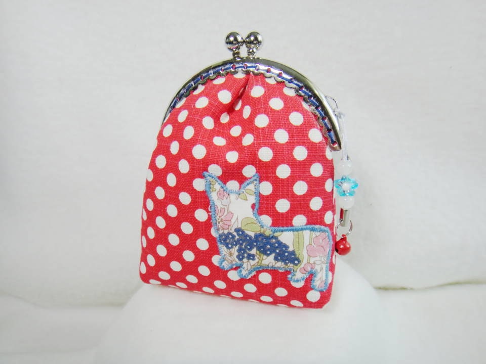 Corgi coin purse Red polka dot snap coin purse metal scallop frame pouch with Pembroke Welsh Corgi silhouette applique and charm