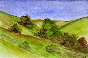 California Landscape Watercolor Painting of the Santa Anna Hills, Marin County Calfornia. California Plein Air Art