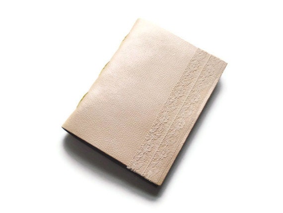 Creamy Leather Journal with Lace Edge - First Anniversary Paper Gift - Handbound Blank Notebook - Rustic