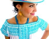 Turquoise Vintage 60s Blue Mexican Embroidered Bohemian cotton Blouse Mexican vintage floral mexican, Bohemian Boho Hippie