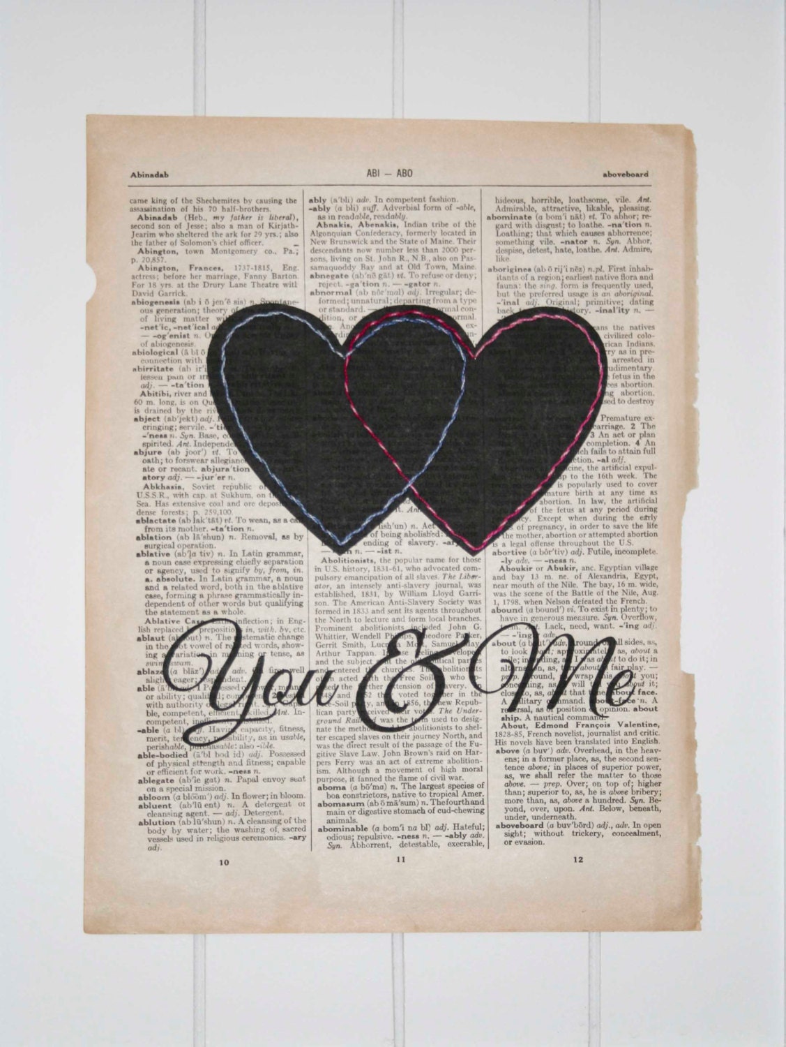 Hand Stitched Love Quote, Embroidered Heart, Upcycled Dictionary Page Vintage Book, Pink and Blue, Eco Anniversary Wedding Gift