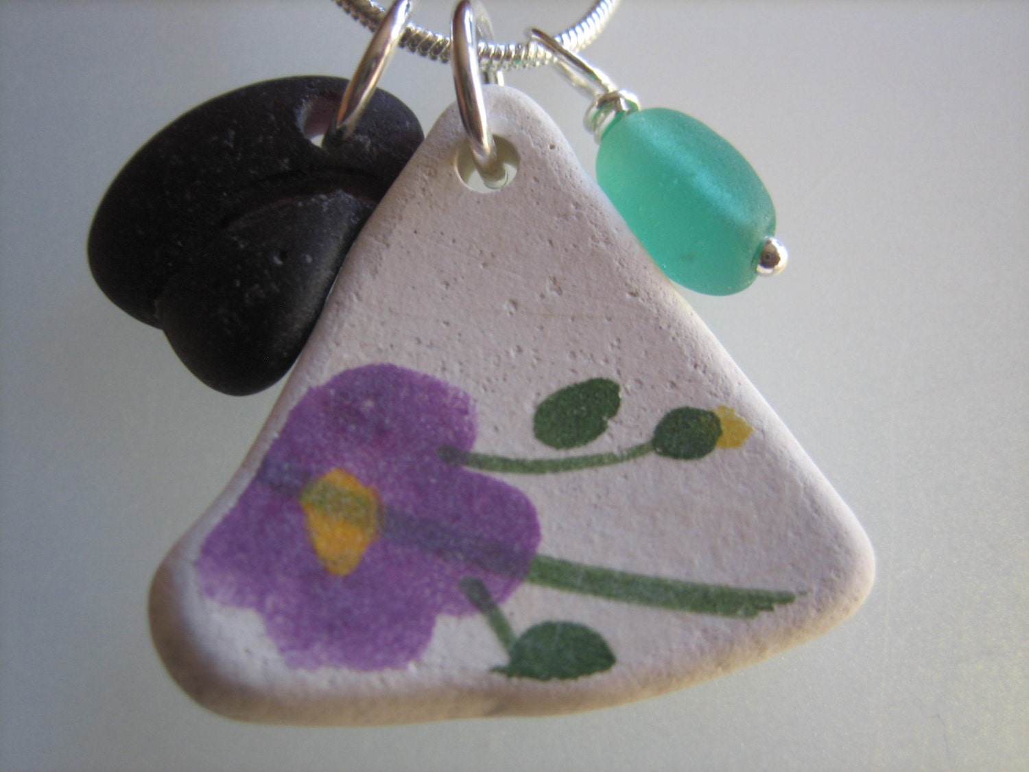 REAL BEACH SEAGLASS Sterling Silver Ceramic Pottery Pendant Necklace Black Purple Aqua Sea Glass Bead Surf Tumbled Pottery Jewelry N /121