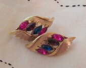 Vintage Rhinestone Gold Tone Clip Earrings with Pink, Blue, Purple Marquis Rhinestones