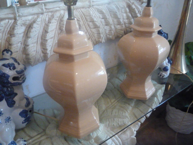 Vintage Pair Table Lamps Ginger Jar Tan Nude Hollywood Regency Mid Century Modern Palm Beach