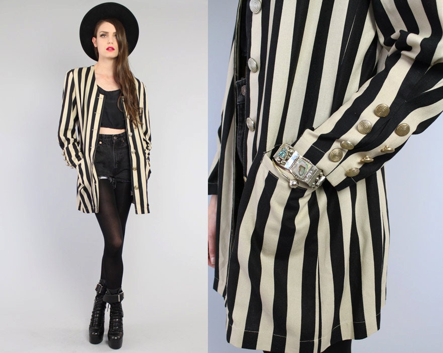 Vtg 90s Vertical Striped Geometric Boyfriend Blazer Jacket M