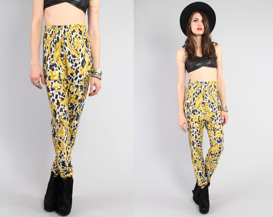 Vtg 90s White Royal Novelty Leopard Hi Waist Harem Pants M-L