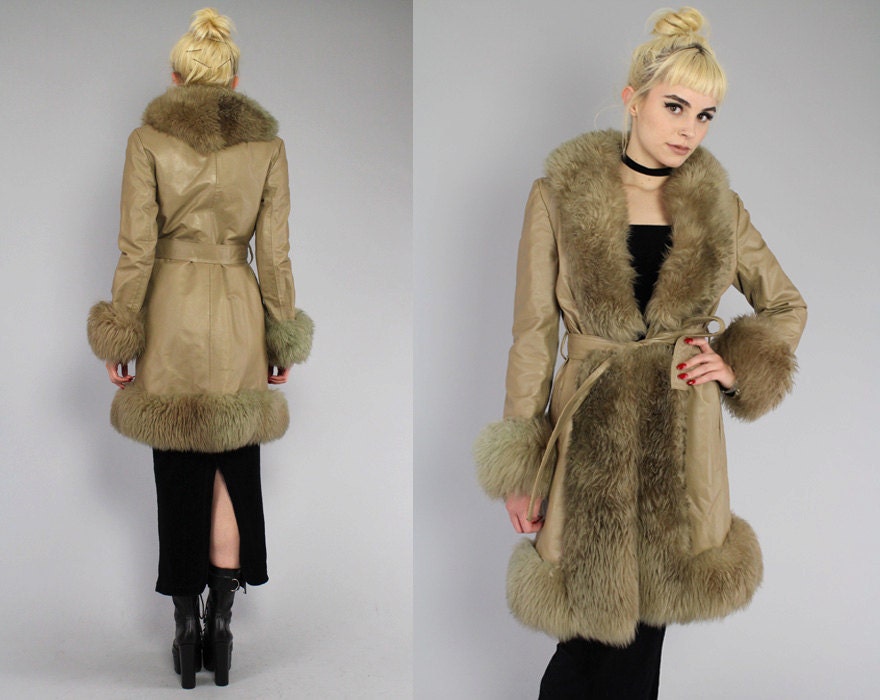 Vtg 70s Taupe Leather Bohemian Sheep Lamb Fur Princess Coat S-M