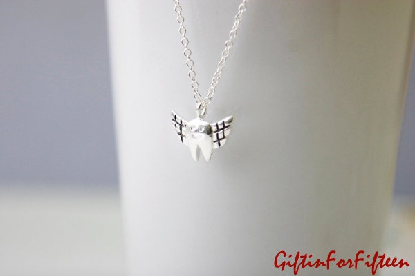 Fairy - Sterling Silver Plated Elegant Tooth Fairy Angel Necklace Modern Dainty Minimalist Simple Everyday Birthday by Giftin For Fifteen