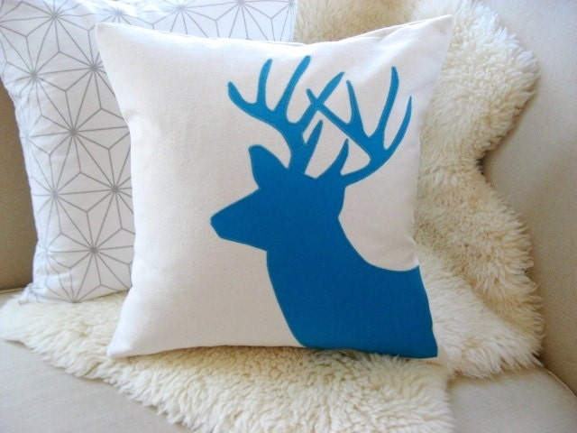 Deer Pillow Cover, Buck Antler Appliqué Silhouette, 8 Custom Colors, Rustic Chic, Modern Woodland, Lake House Decor 18 x 18