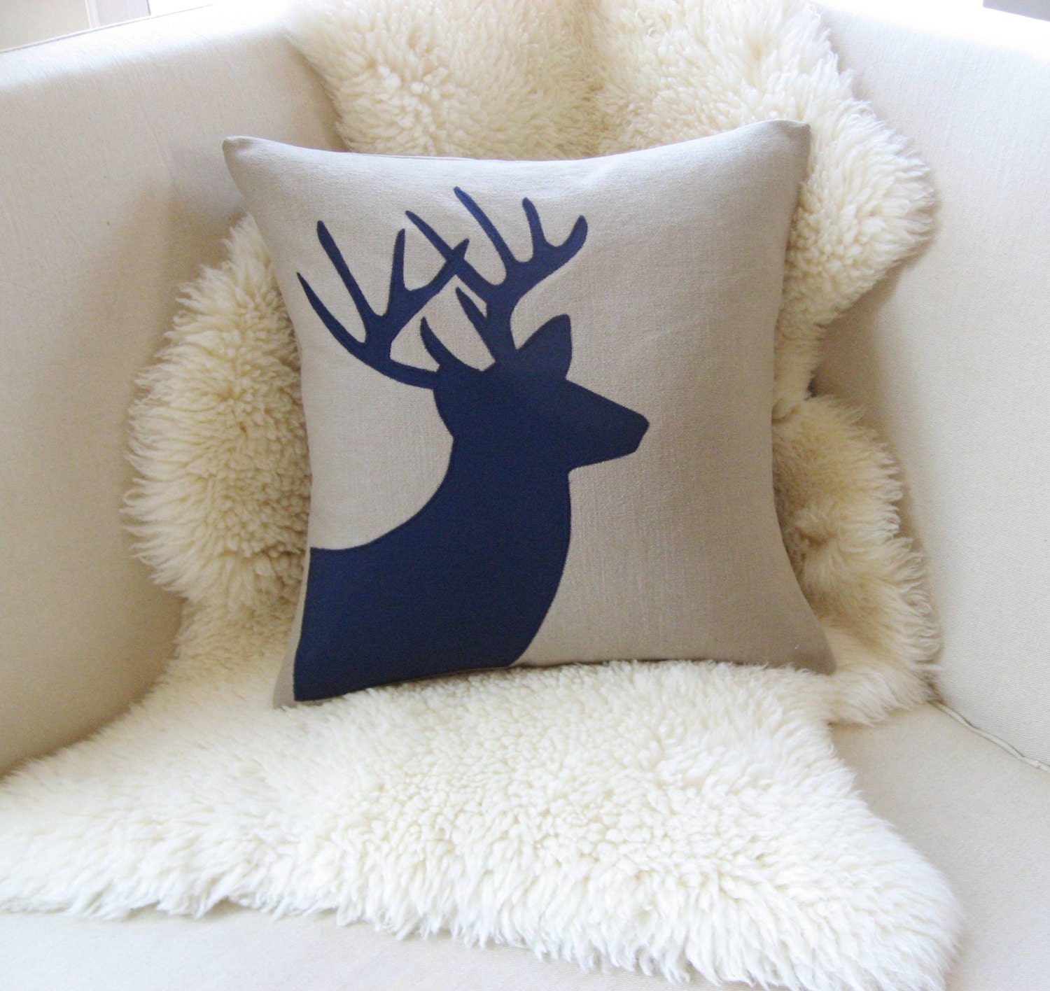 Deer Pillow Cover, Antlers Appliqué Silhouette 18x18 Sandstone Beige & Navy Blue Buck, Luxe Lodge, Rustic Chic, Woodland, Lake Cabin Decor
