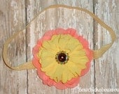 Lemon Yellow and Melon Summer Flower Headband - 3.5" Chiffon Ballerina Flower with Pearl and Rhinestone Button CHOOSE SIZE Infant to Adult