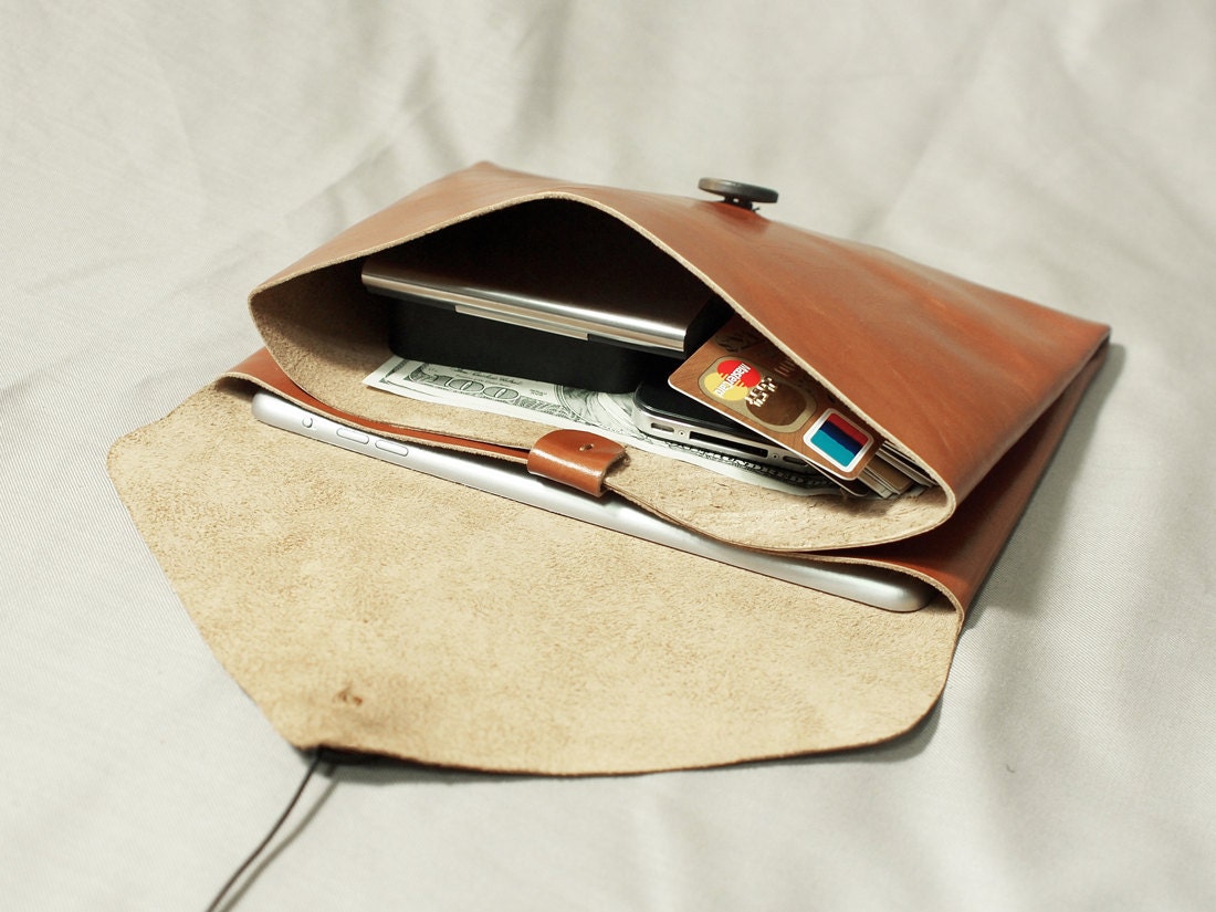 Cosmetic Bag Purse Pouch Clutch Wooden Button Genuine Leather Handmade Handbag-Orange Brown