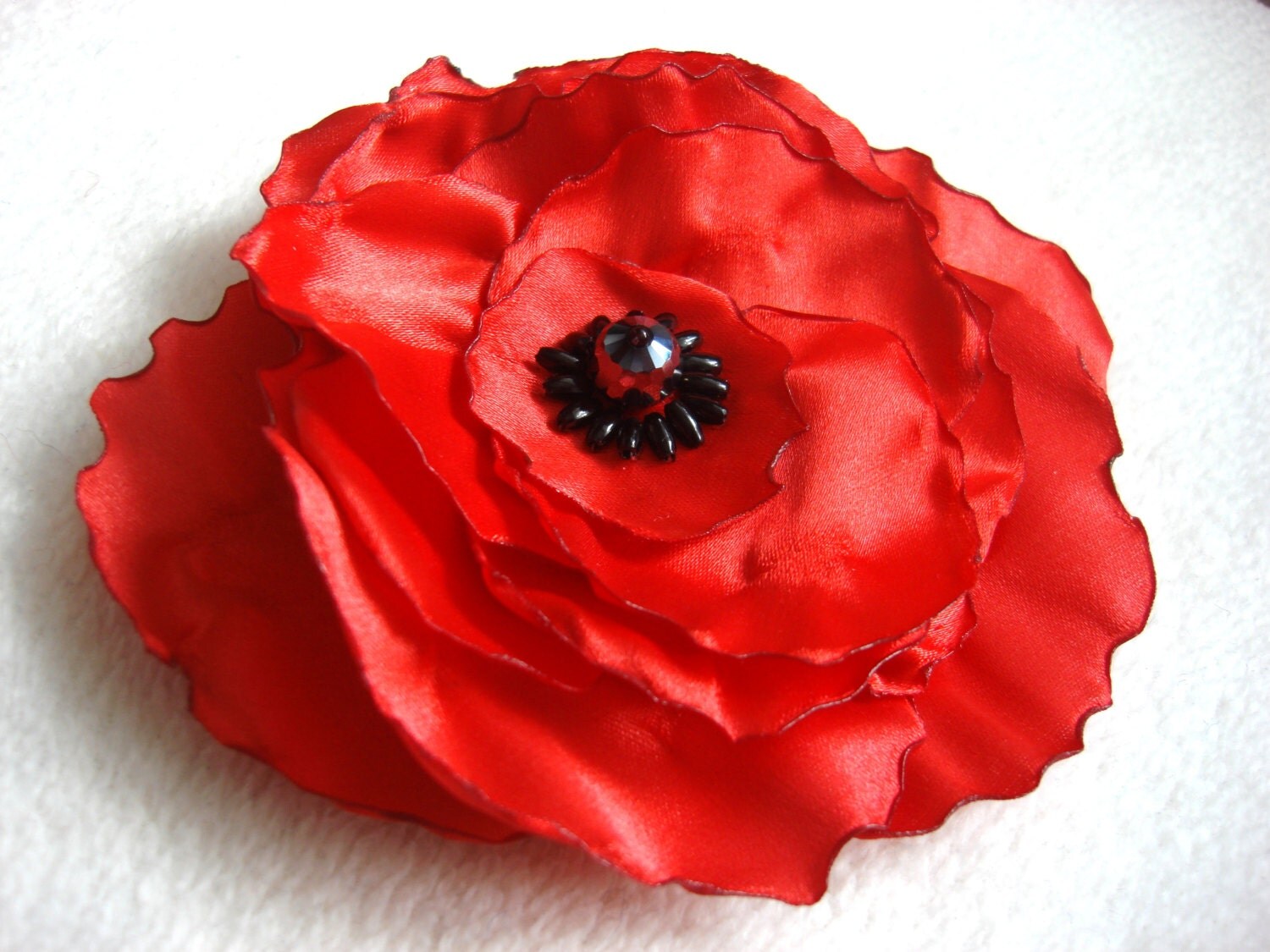 Red Fabric Flower, Flower Pin, Flower Brooch, Poppy, Pin, Brooch, Beaded Brooch, Beaded Flower