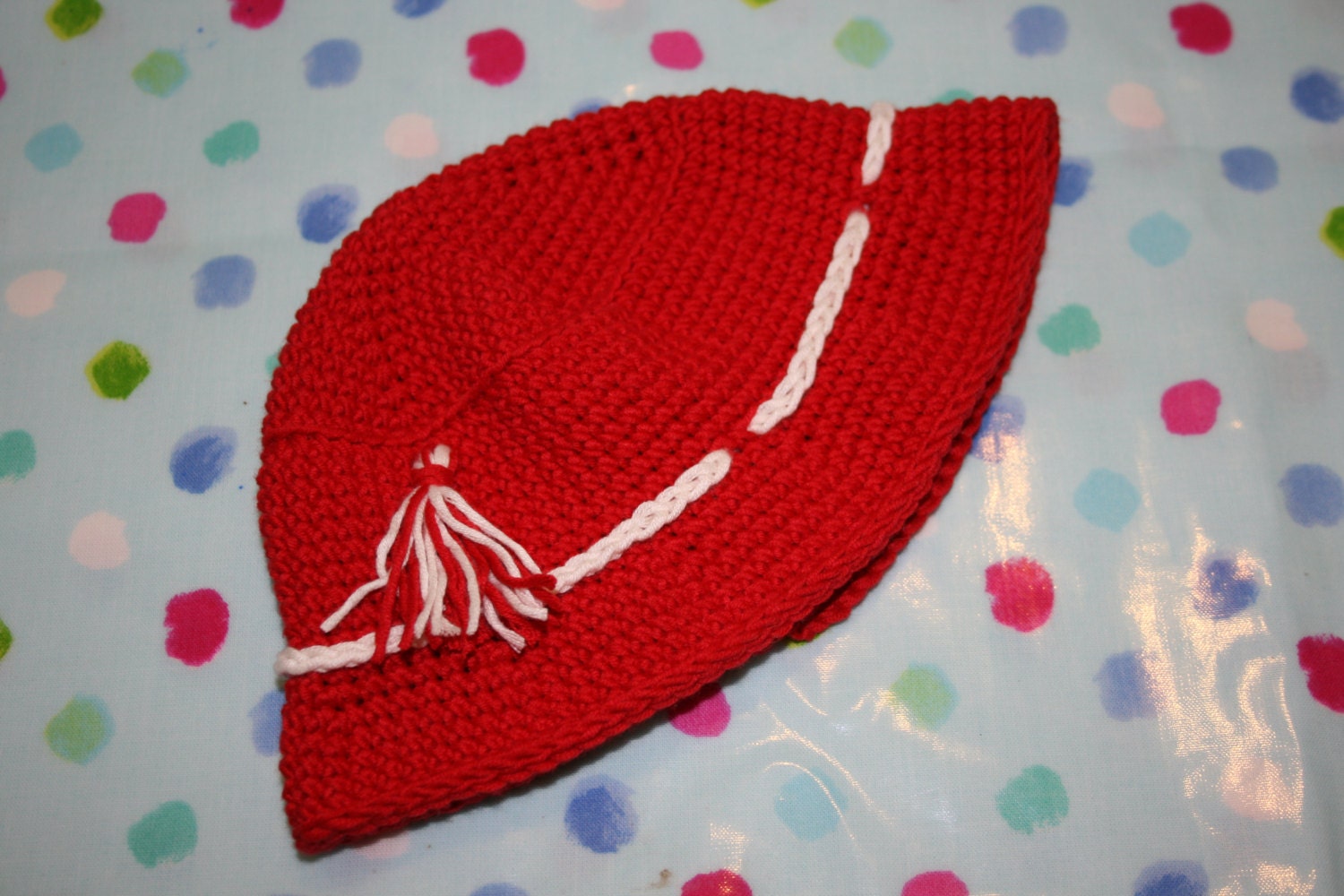 Crochet baby beanie hat sun fishermans hat crochetyknitsnbits red cream handmade baby boy clothes Bamboo baby boy shower gift 3 to 9 months