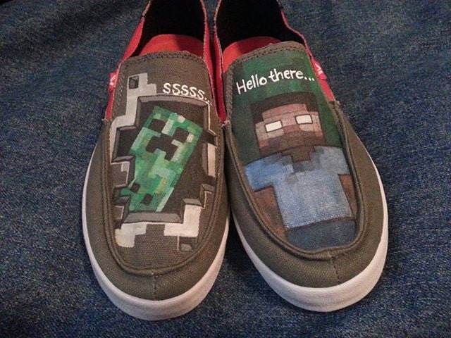 Hand-painted Minecraft Creeper and Herobine characters on Vans shoes