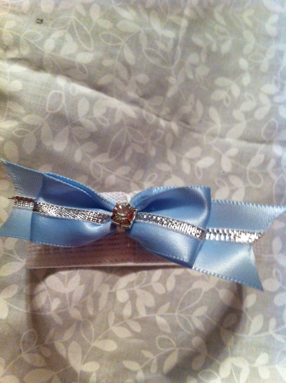 Dog Headband Light Blue Bow Silver Overlay