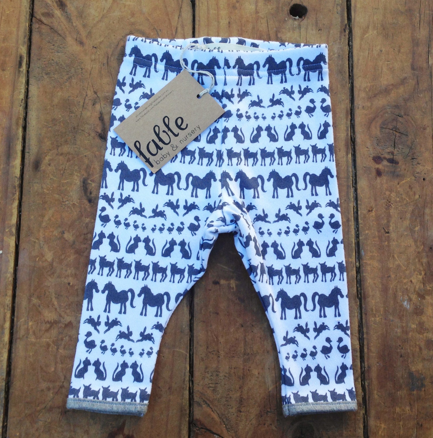 Hand Printed Organic Cotton Leggings - Navy Animals on White