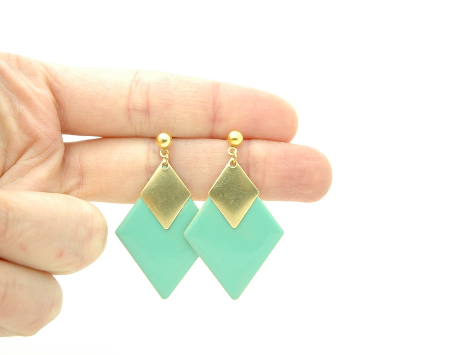 Geometric Diamond Shape Chevron Earrings - Mint Green Hand Dyed Modern Brass Jewelry - Gold Plated Earring Posts