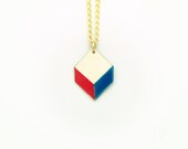 Minimalist Geometric 3d Square Chevron Necklace - Cobalt Blue And Coral Pink Hand Dyed Modern Brass Jewelry  - Gold Plated Chain