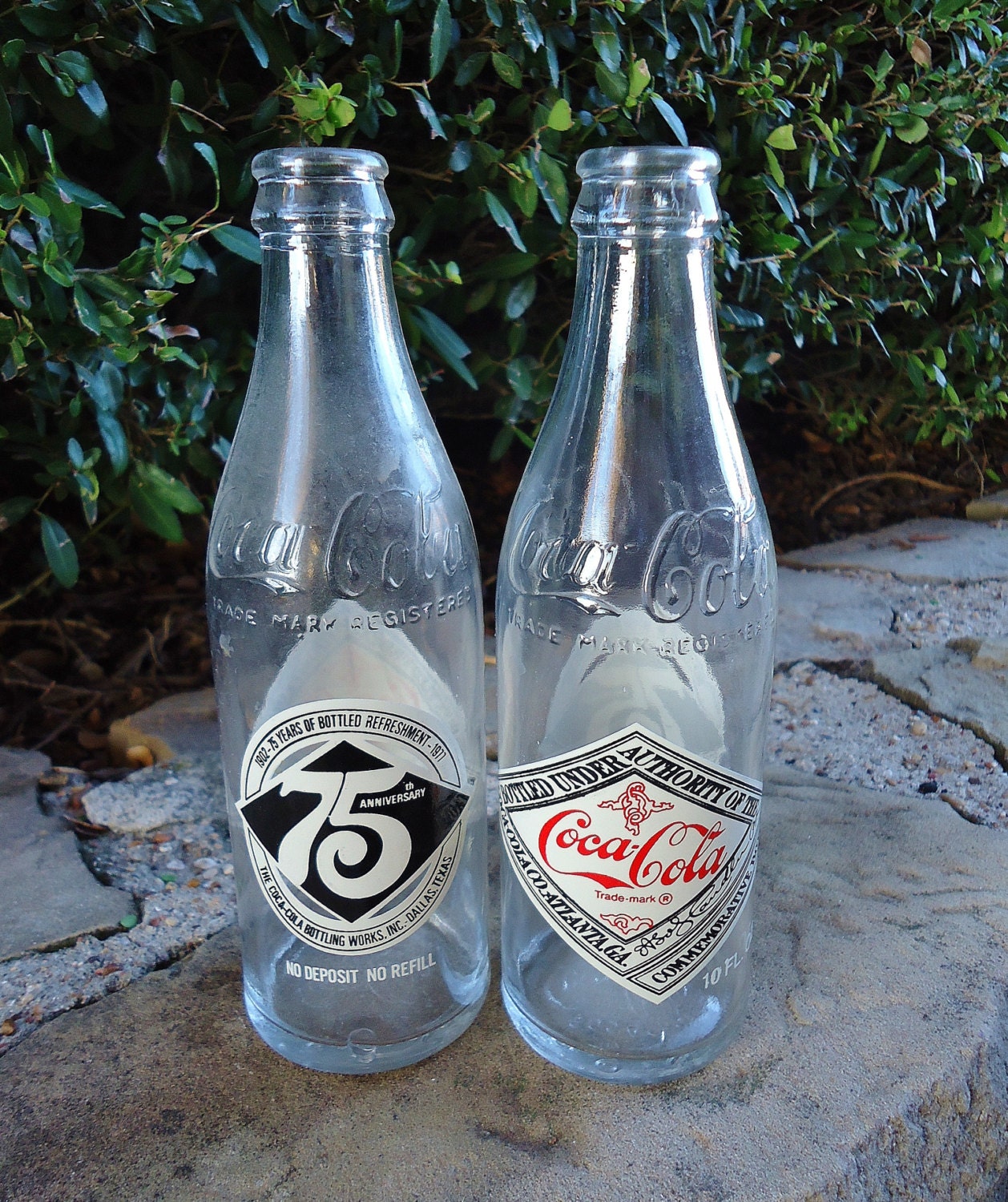 Vintage Coca Cola Coke bottles 1977 Commemorative 75th Anniversary bottles Set of 2