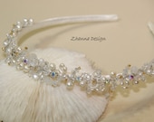White bridal headpiece with freshwater pearls and crystals,rhinestone hair accessories,crown,tiara headband handmade by Zhanna Design.