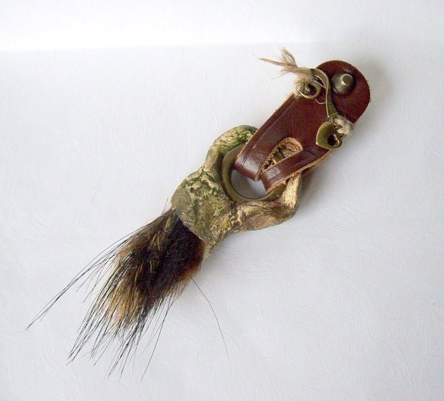 Handmade jewelry, brooch tribal  leather talisman amulet pendant, wood (mass), boar hair, wearable art, OOAK, unique, earthy, ethnic