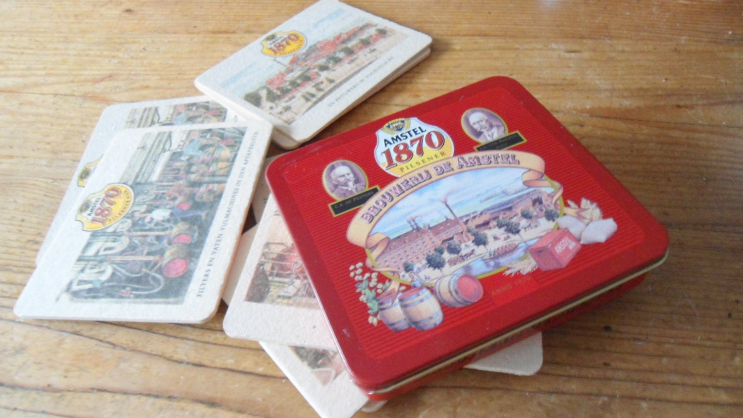 Amstel beer coasters- set of 8 in a tin- cheers- bar supply- bier brouwerij- pictures of beer industy- Sweetlakevintage